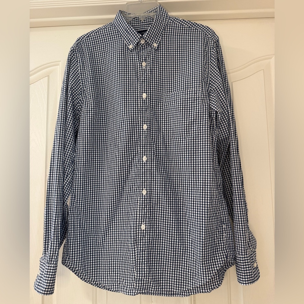 J.Crew Mens Gingham Button Up Long Sleeve Shirt Blue White Sz Medium Cotton